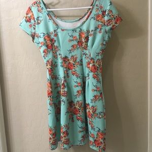 Blue dress with coral flowers